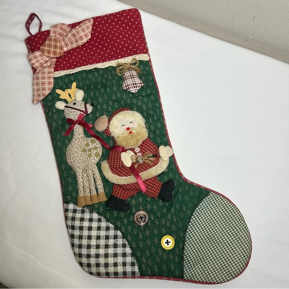 Vintage Handmade 3D Quilted Grandmacore‎ Country House Santa & Reindeer Stocking
